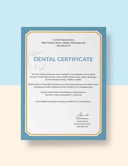 dental medical certificate sample template