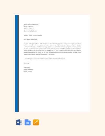 elementary school transfer request letter template