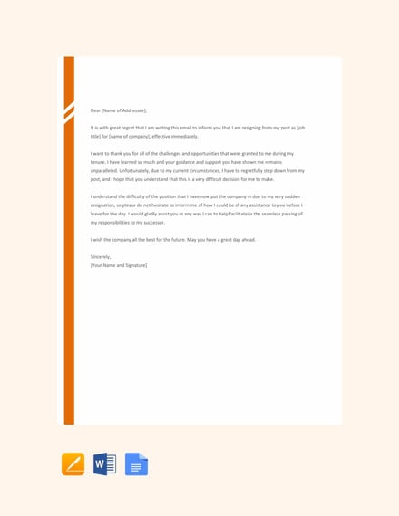 email resignation letter without notice period template