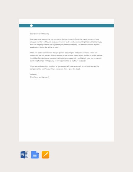 email resignation letter for personal reasons template