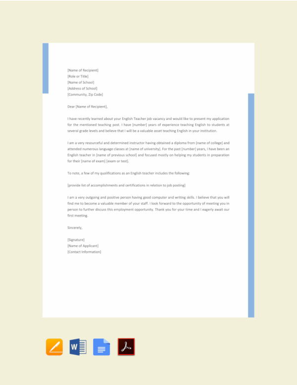 english teacher job application letter template