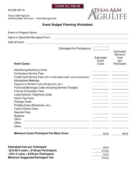 event budget planning worksheet sample