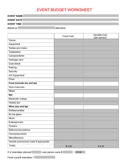 event budget worksheet sample