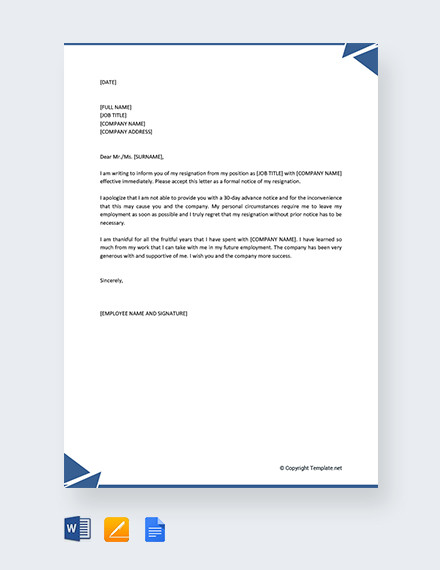 Employee Resignation Letter Notice Period - Sample Resignation Letter