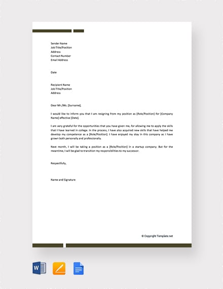 formal resignation letter for company