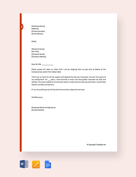 formal resignation letter with 2 weeks notice period
