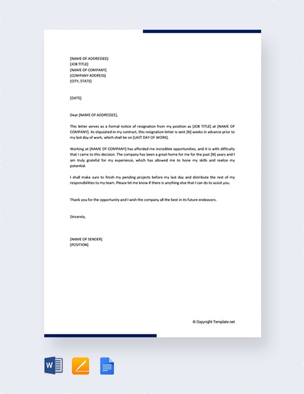 formal resignation letter with notice period
