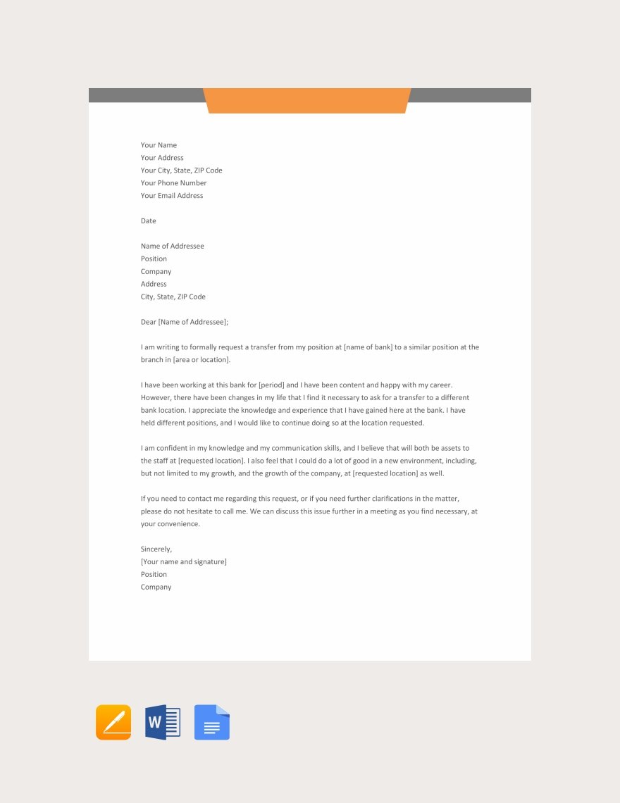 free bank employee transfer letter template