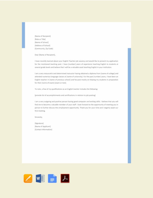 free english teacher job application letter template