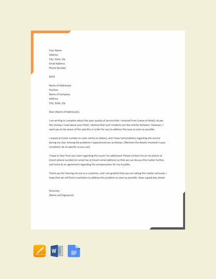 free hotel complaint letter template