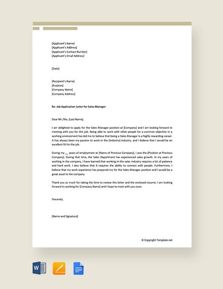 free job application letter for sales manager