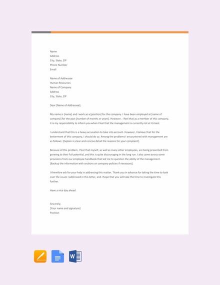 free letter of complaint to management template