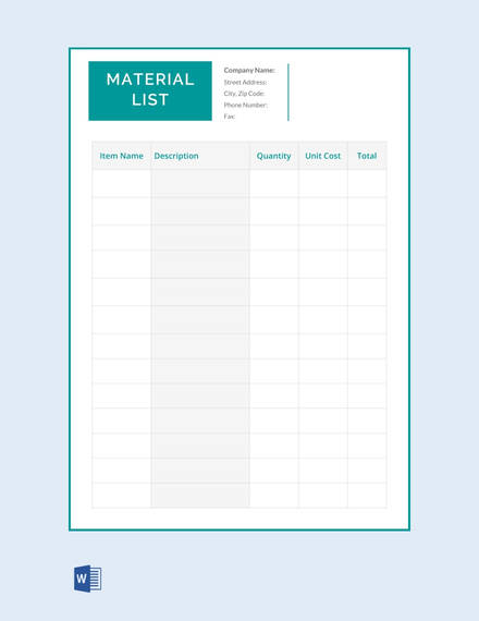 free material list template