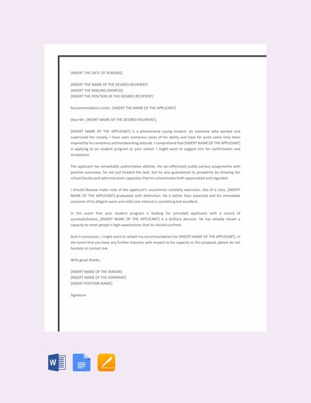 free recommendation letter template for student