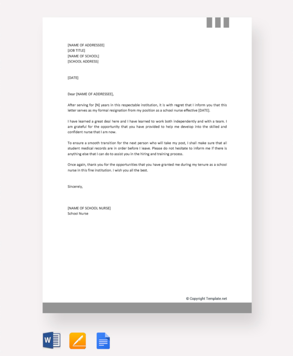 free school nurse resignation letter