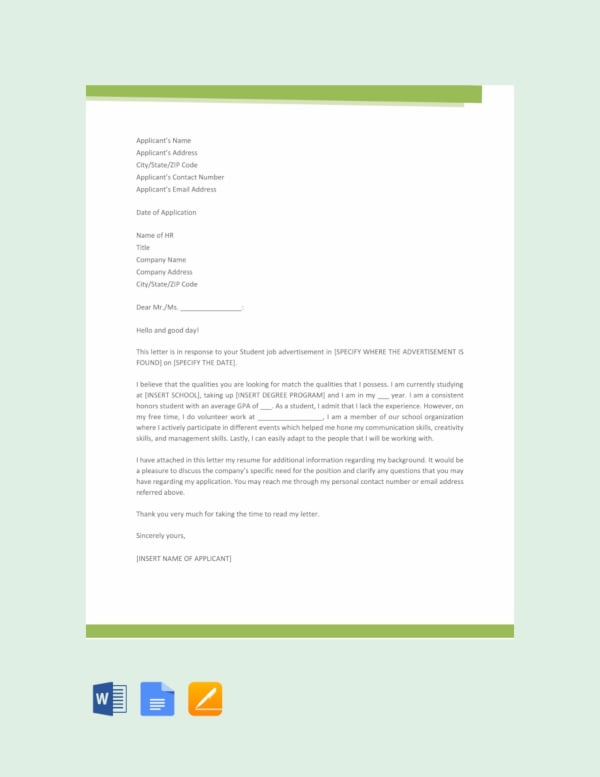 free student job application letter template