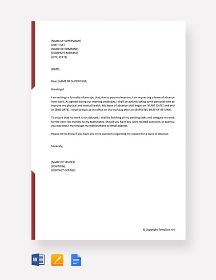 leave of absence letter for personal reasons
