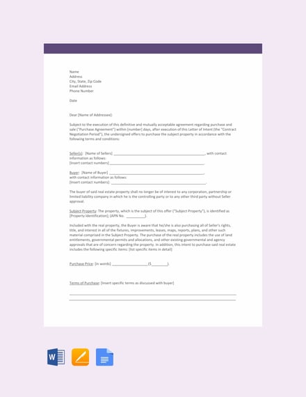 letter template of intent for real estate