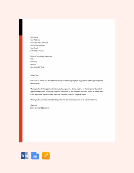 manager resignation letter template