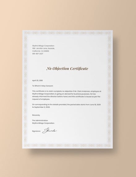 no objection certificate for employee template