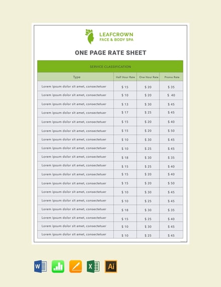 one page rate sheet example