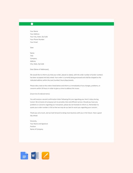 order acknowledgement letter template
