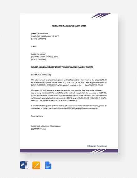 rent payment acknowledgment letter