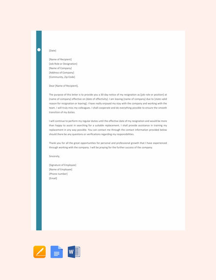 Sample 30 Day Notice Letter To Employer Onvacationswall