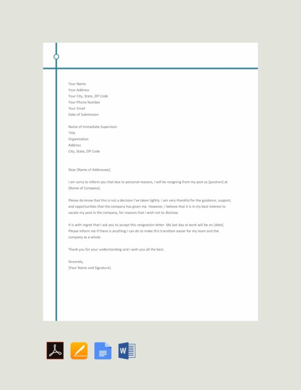 resignation letter for personal reason template