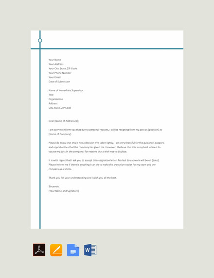 12+ Personal Reasons Resignation Letter Templates - Pdf, Doc