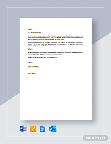 restaurant application response letter template