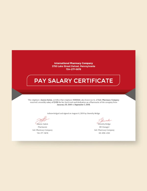 salary pay certificate template
