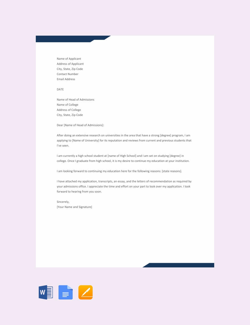 college application cover letter sample