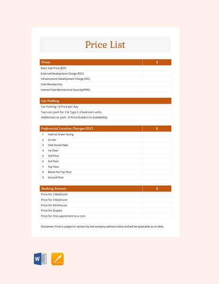 sample price list template