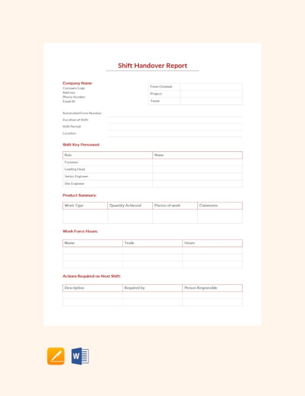shift handover report template