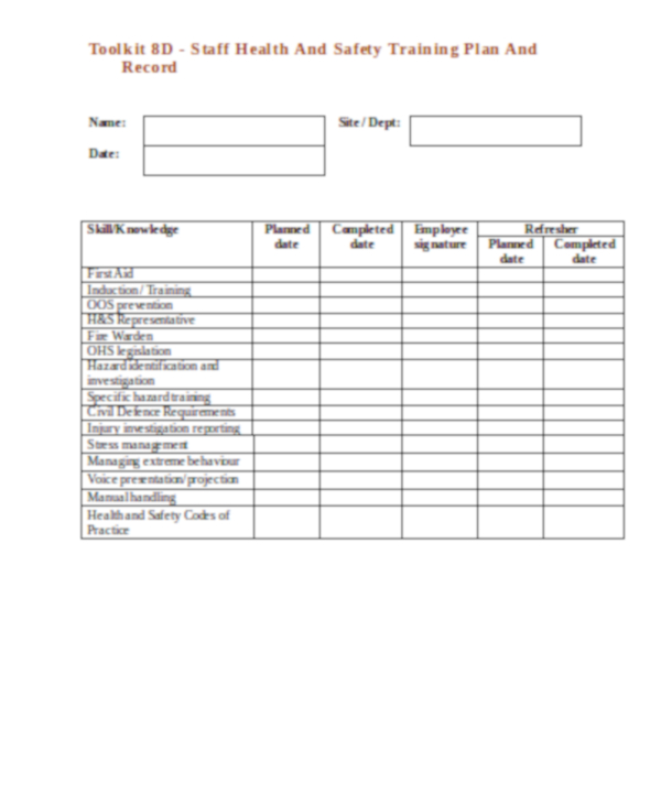 staff health and safety training plan and record