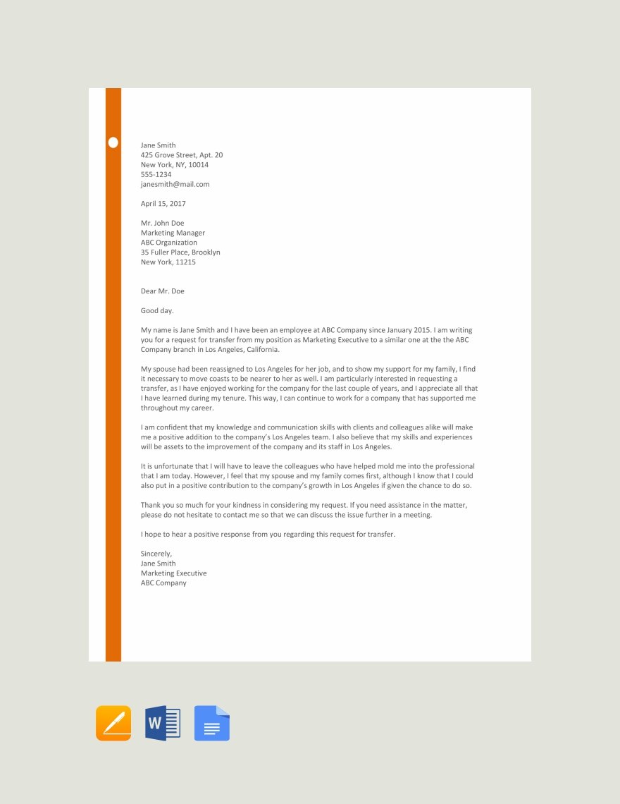 transfer letter example template