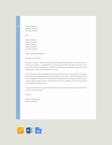 vacation letter sample to employer template