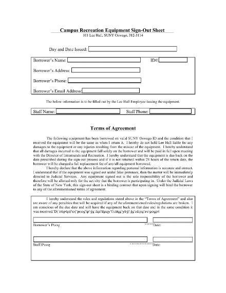 campus recreation equipment sign out sheet