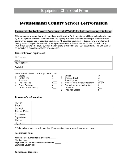 county school equipment checkout sheet example