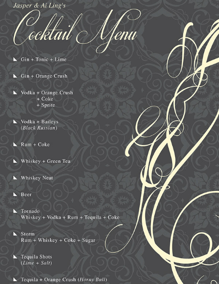 elegant ornate cocktail menu sample