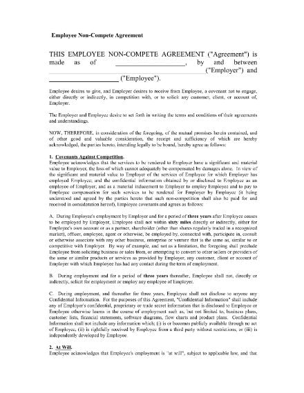 employee non compete agreement form