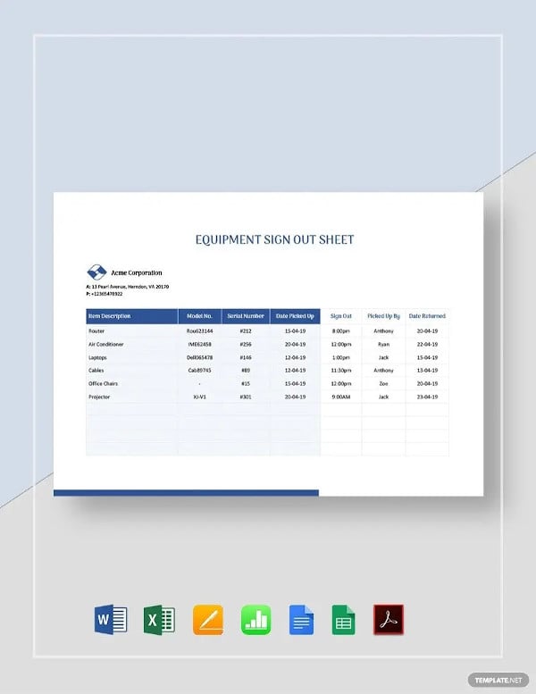 equipment sign out sheet template