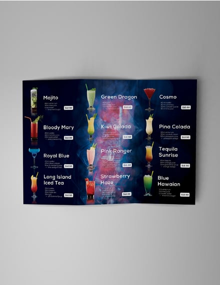fiery trifold cocktail menu layout