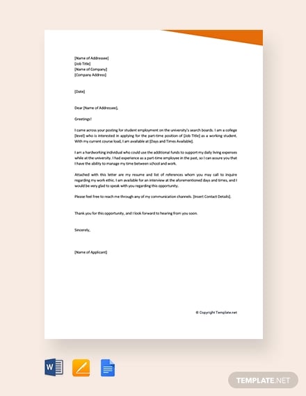 free application letter for working student