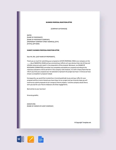 free business proposal rejection letter