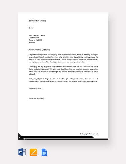 free club membership resignation letter