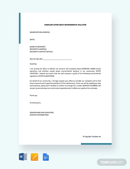 free complaint letter about environmental pollution