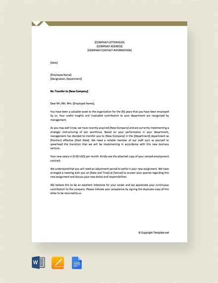 free employee transfer letter from one company to another