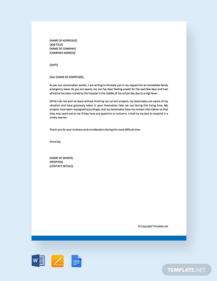 free family emergency leave letter